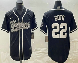 Men's New York Yankees #22 Juan Soto Black With Patch Cool Base Stitched Baseball Jersey 01