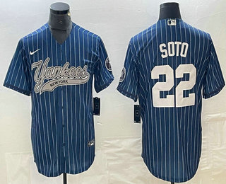 Men's New York Yankees #22 Juan Soto Blue Pinstripe Cool Base Stitched Baseball Jersey 11