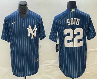 Men's New York Yankees #22 Juan Soto Blue Pinstripe Cool Base Stitched Baseball Jersey