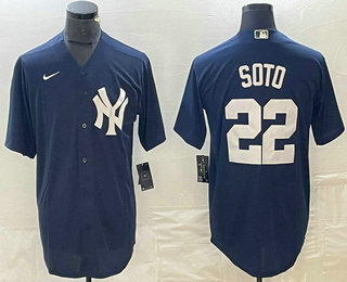 Men's New York Yankees #22 Juan Soto Name Navy Blue Cool Base Stitched Baseball Jersey