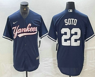 Men's New York Yankees #22 Juan Soto Navy Cool Base Stitched Baseball Jersey 01