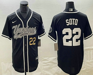 Men's New York Yankees #22 Juan Soto Number Black With Patch Cool Base Stitched Baseball Jersey 01