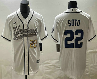 Men's New York Yankees #22 Juan Soto Number White With Patch Cool Base Stitched Baseball Jersey 01