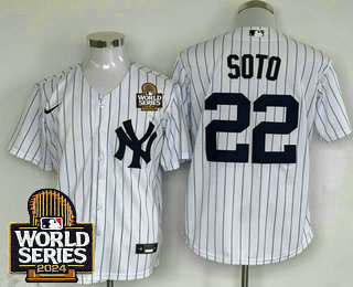 Men's New York Yankees #22 Juan Soto White Pinstripe 2024 World Series Stitched Jersey