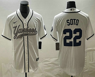 Men's New York Yankees #22 Juan Soto White With Patch Cool Base Stitched Baseball Jersey 01