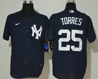 Men's New York Yankees #25 Gleyber Torres Navy Blue With White Number Stitched MLB Cool Base Nike Jersey