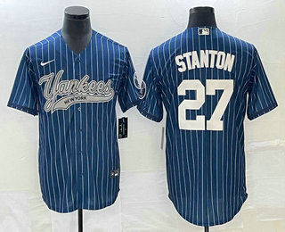 Men's New York Yankees #27 Giancarlo Stanton Blue Pinstripe Cool Base Stitched Baseball Jersey