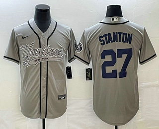 Men's New York Yankees #27 Giancarlo Stanton Grey With Patch Cool Base Stitched Baseball Jersey