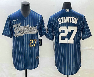 Men's New York Yankees #27 Giancarlo Stanton Number Blue Pinstripe Cool Base Stitched Baseball Jersey