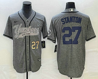 Men's New York Yankees #27 Giancarlo Stanton Number Grey Gridiron Cool Base Stitched Baseball Jersey