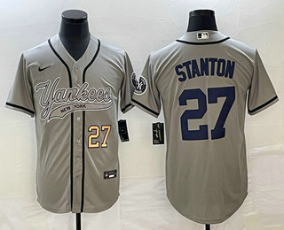 Men's New York Yankees #27 Giancarlo Stanton Number Grey With Patch Cool Base Stitched Baseball Jersey