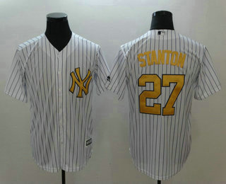 Men's New York Yankees #27 Giancarlo Stanton White With Gold Name Stitched MLB Cool Base Jersey