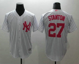 Men's New York Yankees #27 Giancarlo Stanton White With Pink Mother's Day Stitched MLB Cool Base Jersey