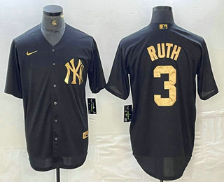 Men's New York Yankees #3 Babe Ruth Black Gold Cool Base Stitched Jersey