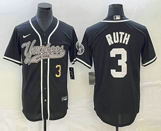 Men's New York Yankees #3 Babe Ruth Number Black With Patch Cool Base Stitched Baseball Jersey