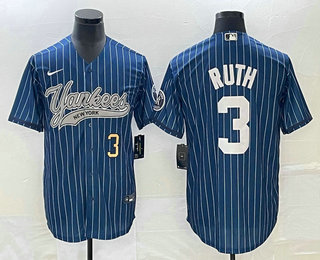 Men's New York Yankees #3 Babe Ruth Number Blue Pinstripe Cool Base Stitched Baseball Jersey