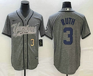 Men's New York Yankees #3 Babe Ruth Number Grey Gridiron Cool Base Stitched Baseball Jersey