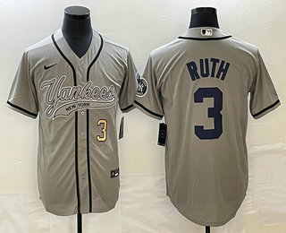 Men's New York Yankees #3 Babe Ruth Number Grey With Patch Cool Base Stitched Baseball Jersey