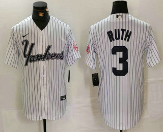 Men's New York Yankees #3 Babe Ruth White Pinstripe Fashion Cool Base Jersey
