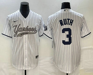 Men's New York Yankees #3 Babe Ruth White With Patch Cool Base Stitched Baseball Jersey (2)