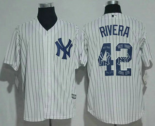 Men's New York Yankees #42 Mariano Rivera Retired White Team Logo Ornamented Stitched MLB Majestic Cool Base Jersey