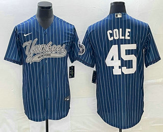 Men's New York Yankees #45 Gerrit Cole Blue Pinstripe Cool Base Stitched Baseball Jersey