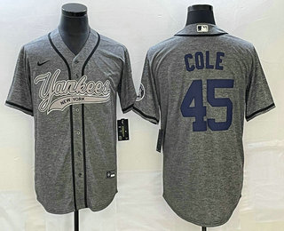 Men's New York Yankees #45 Gerrit Cole Grey Gridiron Cool Base Stitched Baseball Jersey