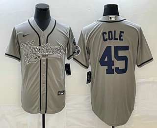 Men's New York Yankees #45 Gerrit Cole Grey With Patch Cool Base Stitched Baseball Jersey