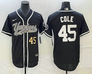 Men's New York Yankees #45 Gerrit Cole Number Black With Patch Cool Base Stitched Baseball Jersey