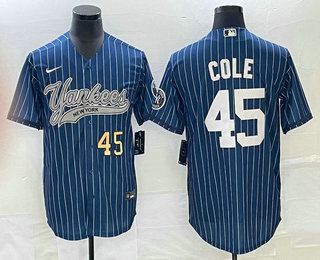 Men's New York Yankees #45 Gerrit Cole Number Blue Pinstripe Cool Base Stitched Baseball Jersey