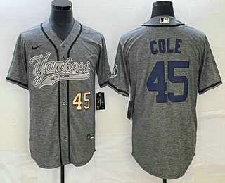 Men's New York Yankees #45 Gerrit Cole Number Grey Gridiron Cool Base Stitched Baseball Jersey