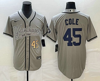 Men's New York Yankees #45 Gerrit Cole Number Grey With Patch Cool Base Stitched Baseball Jersey