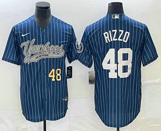 Men's New York Yankees #48 Anthony Rizzo Number Blue Pinstripe Cool Base Stitched Baseball Jersey