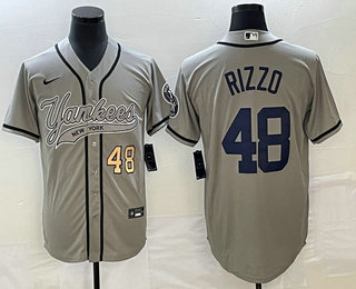 Men's New York Yankees #48 Anthony Rizzo Number Grey With Patch Cool Base Stitched Baseball Jersey