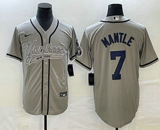 Men's New York Yankees #7 Mickey Mantle Grey With Patch Cool Base Stitched Baseball Jersey