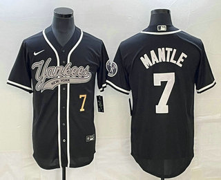 Men's New York Yankees #7 Mickey Mantle Number Black With Patch Cool Base Stitched Baseball Jersey