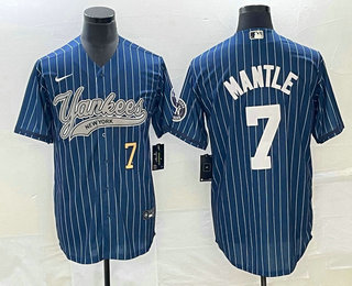 Men's New York Yankees #7 Mickey Mantle Number Blue Pinstripe Cool Base Stitched Baseball Jersey