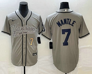 Men's New York Yankees #7 Mickey Mantle Number Grey With Patch Cool Base Stitched Baseball Jersey