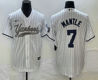 Men's New York Yankees #7 Mickey Mantle White With Patch Cool Base Stitched Baseball Jersey (2)