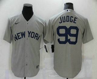 Men's New York Yankees #99 Aaron Judge 2021 Grey Field of Dreams Name Cool Base Stitched Baseball Jersey