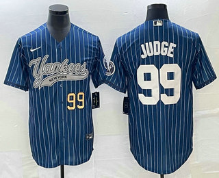 Men's New York Yankees #99 Aaron Judge Number Blue Pinstripe Cool Base Stitched Baseball Jersey