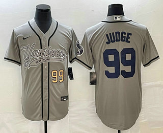 Men's New York Yankees #99 Aaron Judge Number Grey With Patch Cool Base Stitched Baseball Jersey