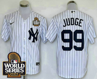 Men's New York Yankees #99 Aaron Judge White Pinstripe 2024 World Series Stitched Jersey