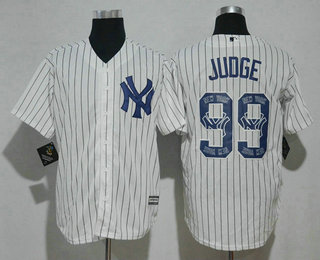 Men's New York Yankees #99 Aaron Judge White Team Logo Ornamented Stitched MLB Majestic Cool Base Jersey