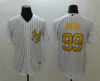 Men's New York Yankees #99 Aaron Judge White With Gold Name Stitched MLB Cool Base Jersey