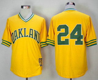 Men's Oakland Athletics #24 Rickey Henderson 1981 Majestic Cooperstown Yellow Mitchell & Ness Throwback Jersey