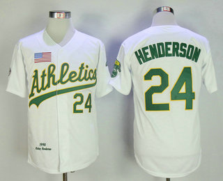 Men's Oakland Athletics #24 Rickey Henderson 1990 White Mitchell & Ness Throwback Jersey