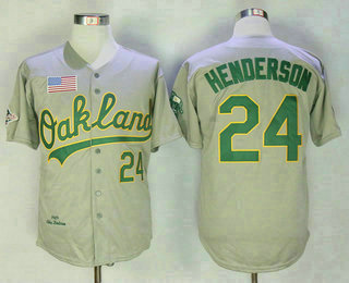 Men's Oakland Athletics #24 Rickey Henderson Gray Road Throwback 1989 World Series Patch Stitched MLB Mitchell & Ness Jersey