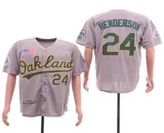 Men's Oakland Athletics #24 Rickey Henderson Gray Road Throwback 1989 World Series Patch Stitched MLB Mitchell & Ness Jersey