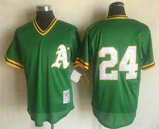 Men's Oakland Athletics #24 Rickey Henderson Green Mesh Batting Practice 1991 Throwback Jersey By Mitchell & Ness